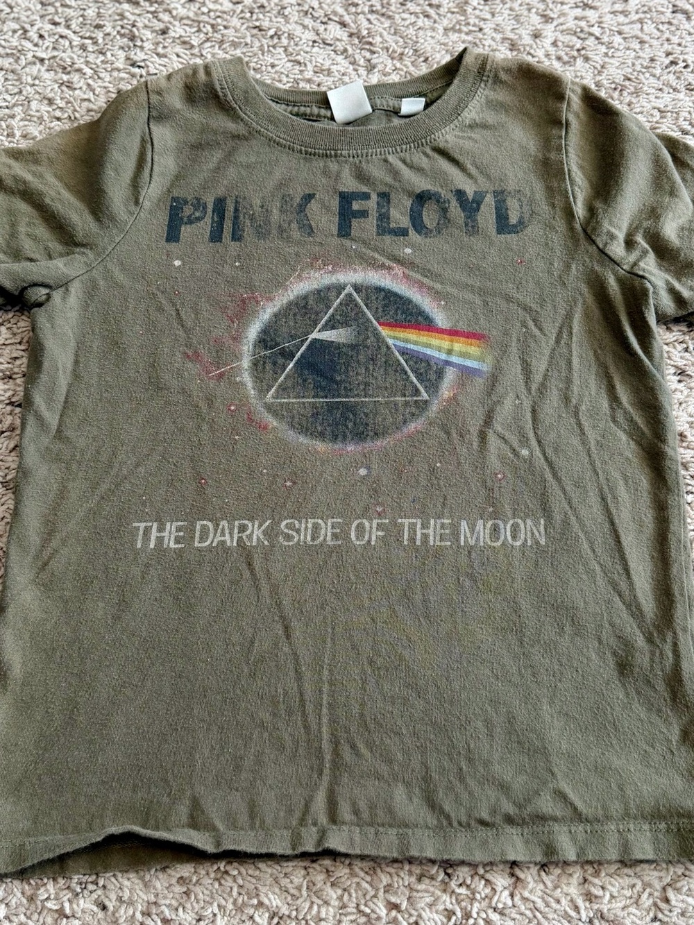 Pink Floyd Kids Graphic Tee with Prism Rainbow on Olive Green